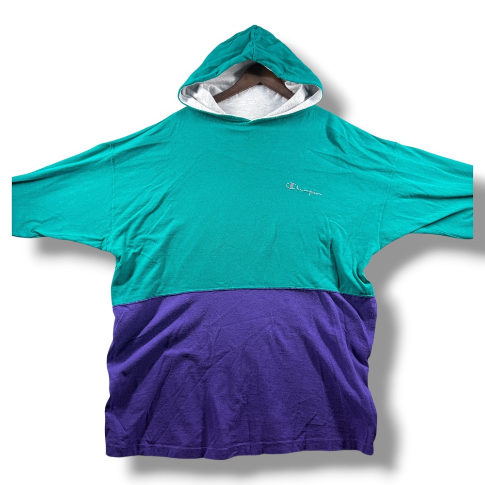 Vintage Champion Colorblock Hooded Long Sleeve Shirt XXL Teal Purple Made in USA